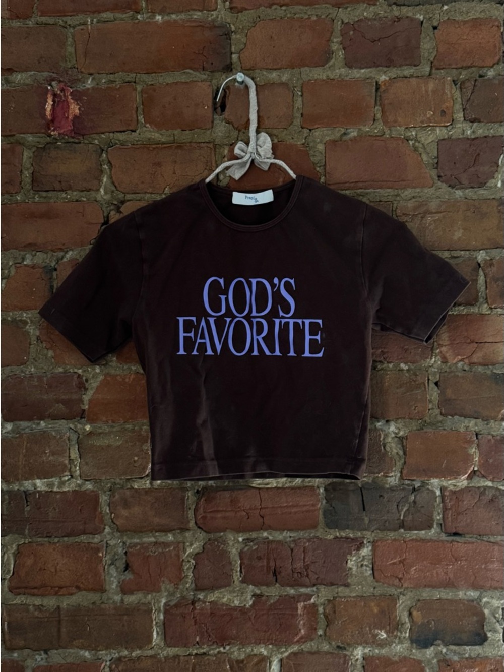 Women's Brown Crop Tee with Purple 'GOD'S FAVORITE' Graphic - Picture 1 of 3